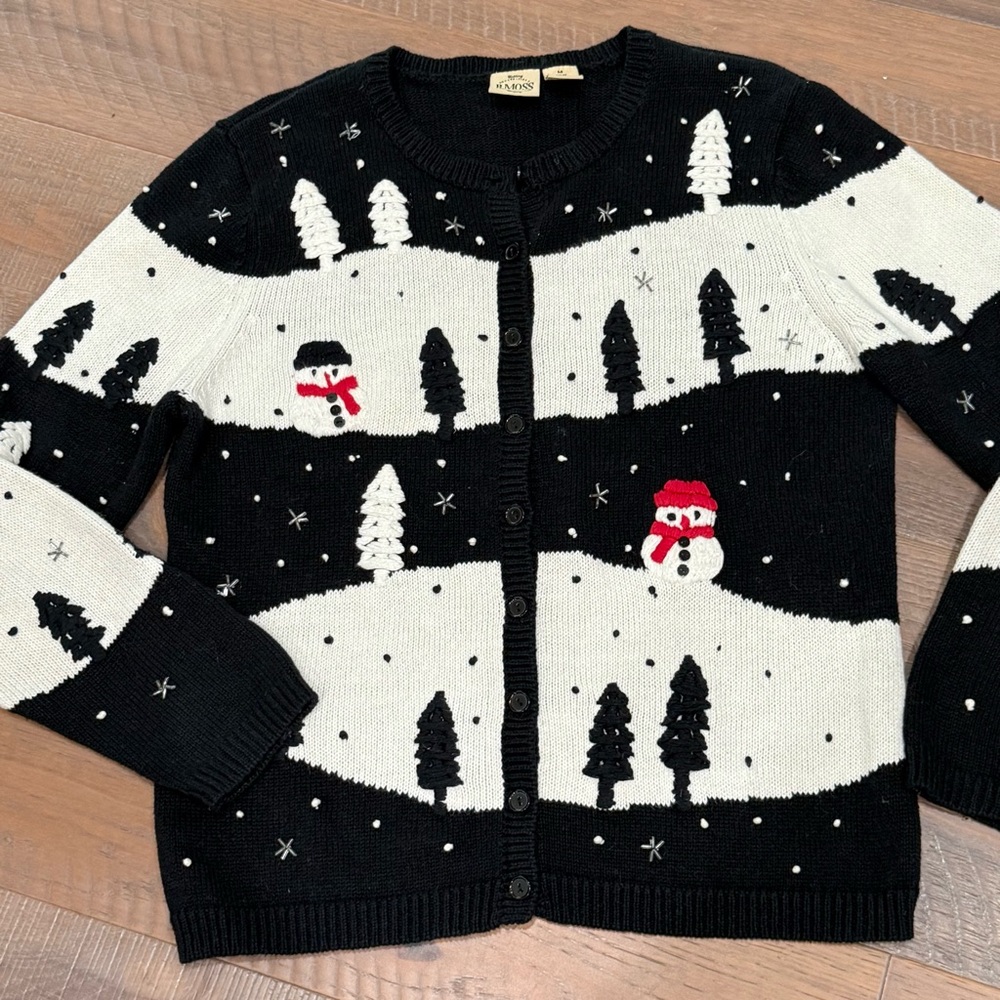 Vtg B. Moss 90s Holiday Christmas Snowman Cardigan Sweater Winter Trees R4